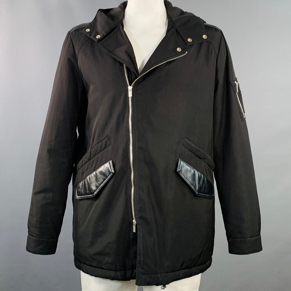 THE KOOPLES Size XL Black Polyester Leather Trim Hooded Coat
